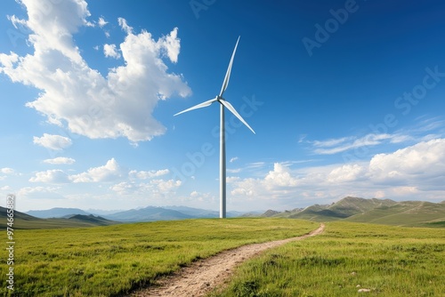 Harnessing Nature's Power: A Majestic Wind Farm Beneath Expansive Blue Skies in Serenity