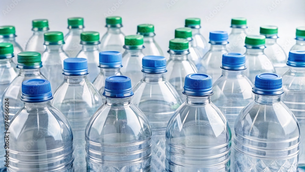 Transparent refillable plastic water bottles with scattered lid caps and slight condensation, arranged on a white background, evoking a sense of sustainability and eco-friendliness. Transparent refillable plastic water bottles with scattered lid caps and slight condensation, arranged on a white background, evoking a sense of sustainability and eco-friendliness.