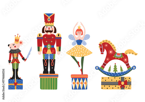 Nutcracker,  princess, rocking horse and  mouse king. Сute set of characters from the ballet The Nutcracker. Christmas illustration on a transparent background.