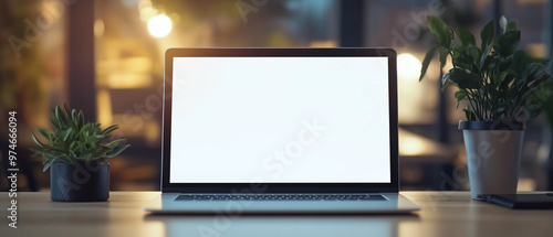 Laptop PC mock up template design on office workplace desk, white blank screen on modern workspace table. Business web technology setup in professional workspace for digital projects and online work.