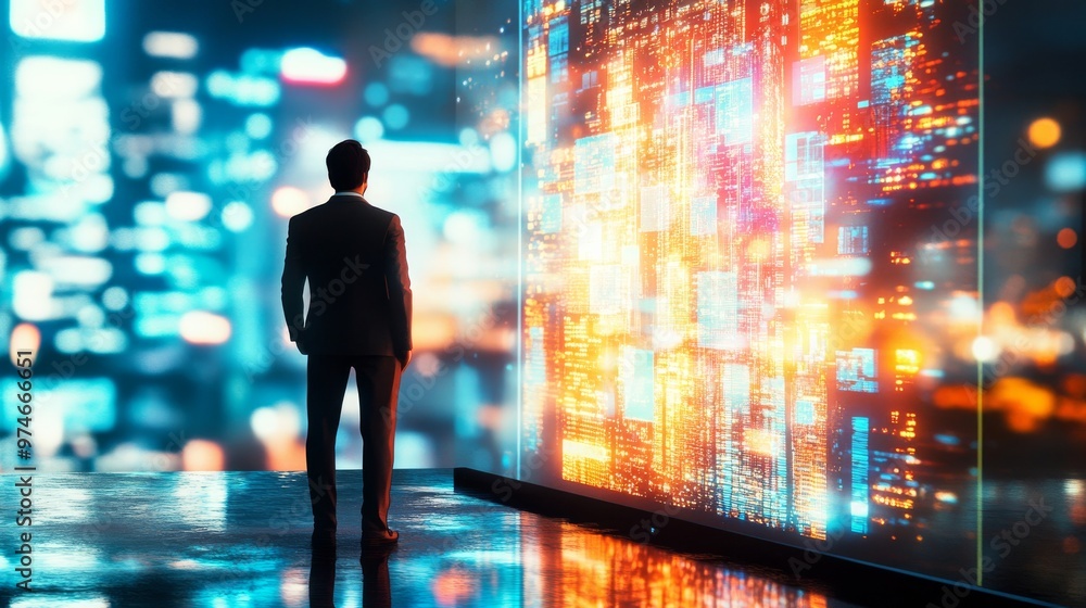 the rule of third composition shot of half body back view of Businessman standing with a digital hologram of many big of business icon on a blurred background. the rule of third composition shot of half body back view of Businessman standing with a digital hologram of many big of business icon on a blurred background.