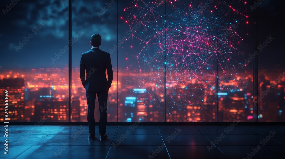 the rule of third composition shot of half body back view of Businessman standing with a digital hologram of mega city on a blurred background. the rule of third composition shot of half body back view of Businessman standing with a digital hologram of mega city on a blurred background.