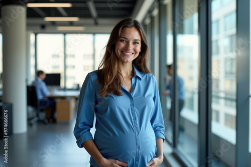 pregnant woman standing and working a her office, generative AI