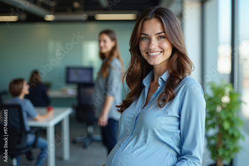 pregnant woman standing and working a her office  generative AI