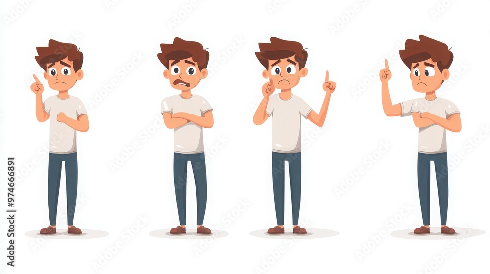 Obraz premium A set of characters in different thinking poses like furrowing their brow or holding a finger up as if an idea has struck, white background 