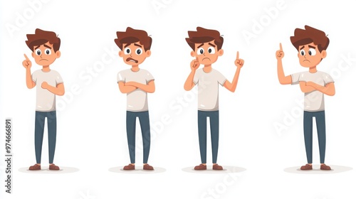 A set of characters in different thinking poses like furrowing their brow or holding a finger up as if an idea has struck, white background 