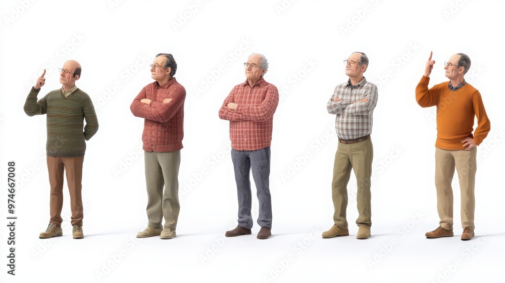 Obraz premium A series of characters in different states of thought, from deep contemplation to mild confusion, each with distinct gestures, white background 