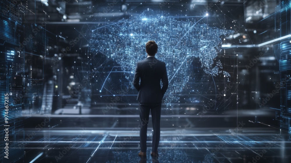 the rule of third composition shot of half body back view of Businessman standing with a digital hologram of AI on a blurred background. the rule of third composition shot of half body back view of Businessman standing with a digital hologram of AI on a blurred background.