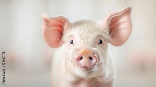 Playful piglet with large ears, soft pink skin, and expressive eyes, exuding innocence and charm in a serene, blurred background that emphasizes its adorable features.