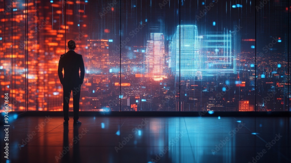 the rule of third composition shot of half body back view of Businessman standing with a digital hologram of mega city on a blurred background. the rule of third composition shot of half body back view of Businessman standing with a digital hologram of mega city on a blurred background.