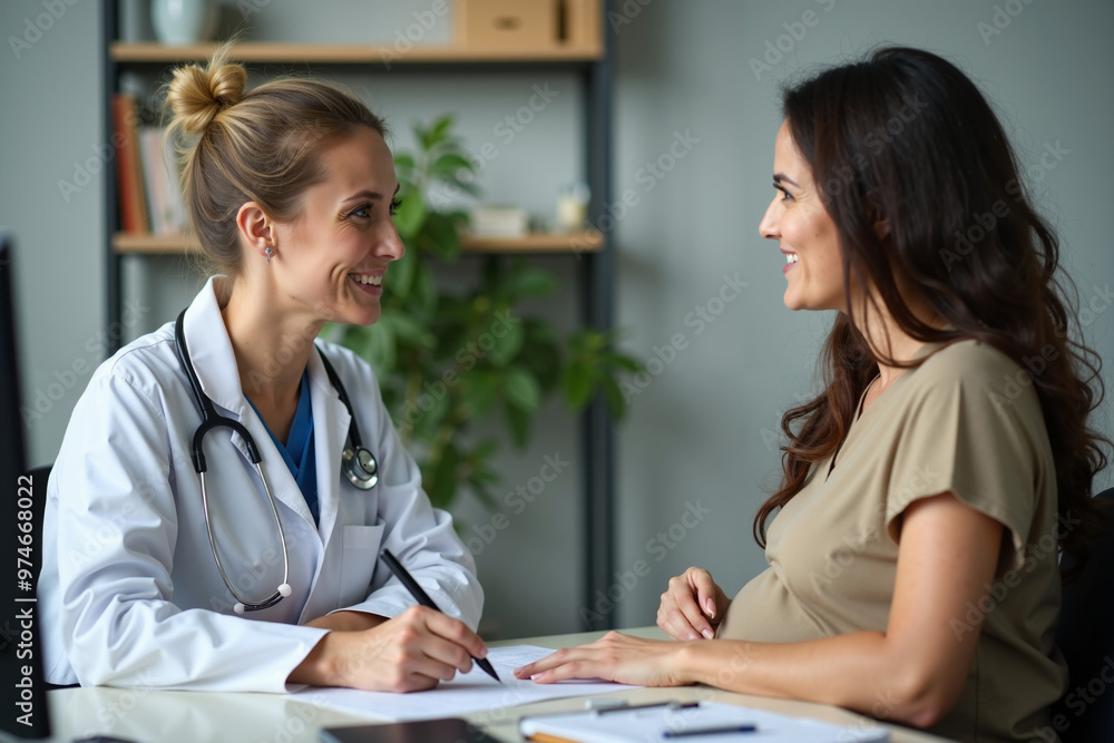 woman doctor and pregnant woman talking at clinic hospital office, generative AI woman doctor and pregnant woman talking at clinic hospital office, generative AI