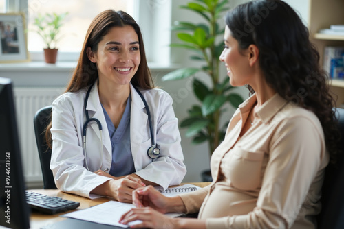 woman doctor and pregnant woman talking at clinic hospital office, generative AI