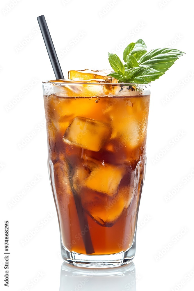 Refreshing Iced Tea in a Glass with Ice Cubes and Straw on a White Background Refreshing Iced Tea in a Glass with Ice Cubes and Straw on a White Background