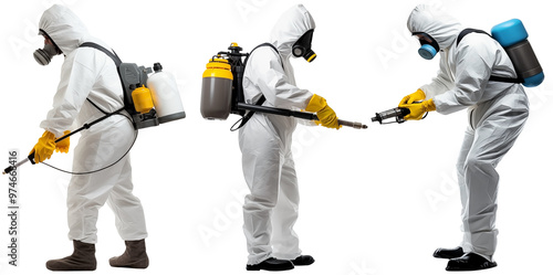 Close Up To a Set of Faceless pest control workers PNG in a protective suit isolated on white and transparent background - Pest removal Worker with Safety equipment Extermination uniform