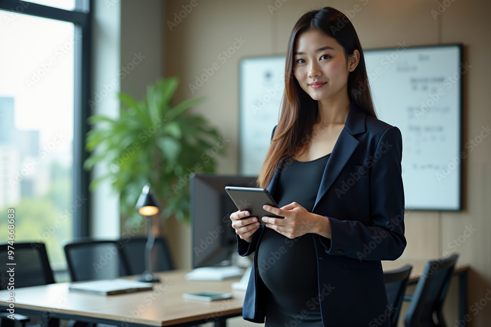 pregnant woman standing and holding tablet mobile at office, generative AI pregnant woman standing and holding tablet mobile at office, generative AI