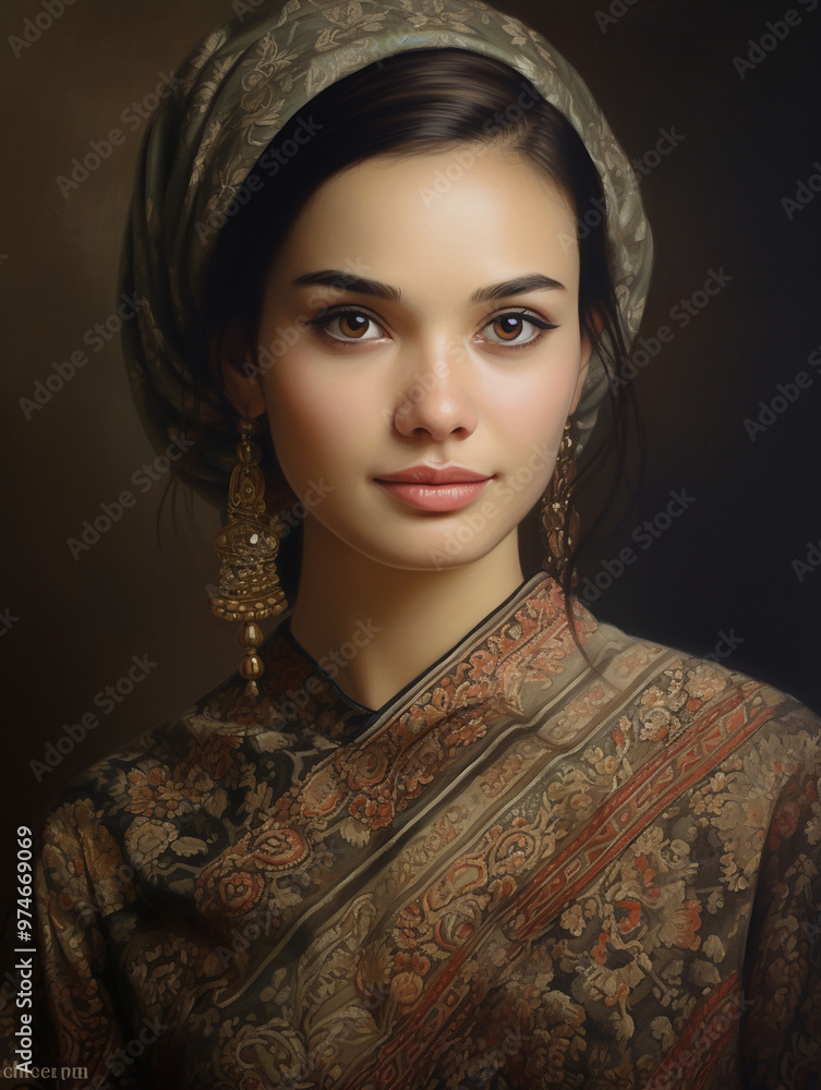 Indonesian woman in traditional Batik attire, portrait photography, close-up, detailed fabric patterns, poised and elegant expression. Indonesian woman in traditional Batik attire, portrait photography, close-up, detailed fabric patterns, poised and elegant expression.