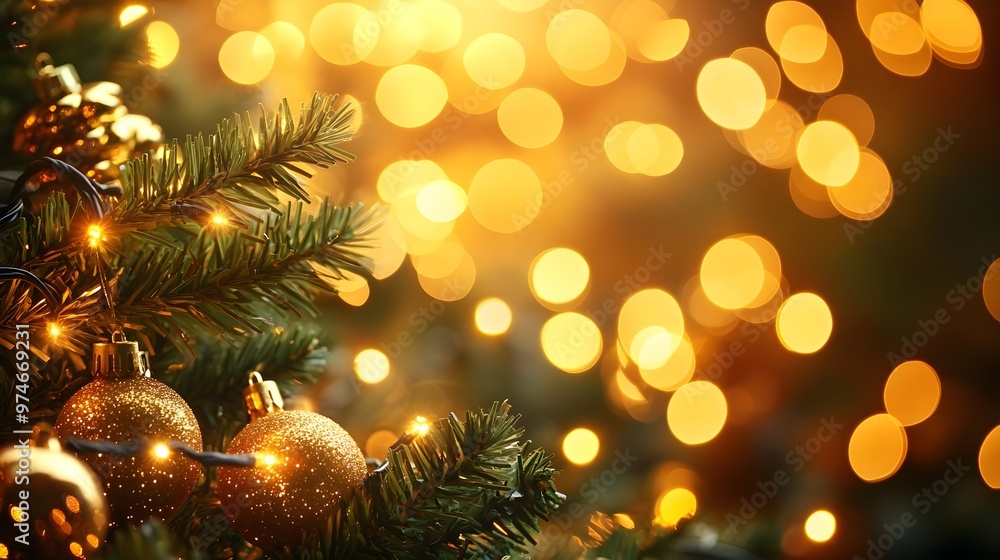Christmas Tree Lights and Ornaments, Golden Bokeh Background Christmas Tree Lights and Ornaments, Golden Bokeh Background