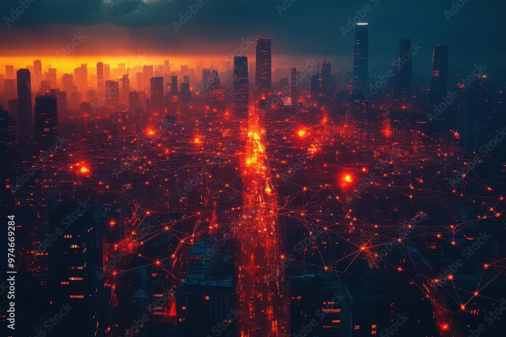 Fototapeta premium illuminated network of glowing connections overlaying diverse crowd silhouettes smart city data visualization abstract urban technology concept