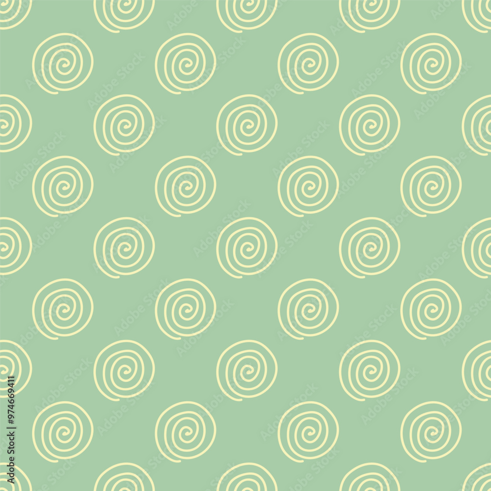 A repeating pattern of stylized spiral shapes on a soft green background. A repeating pattern of stylized spiral shapes on a soft green background.