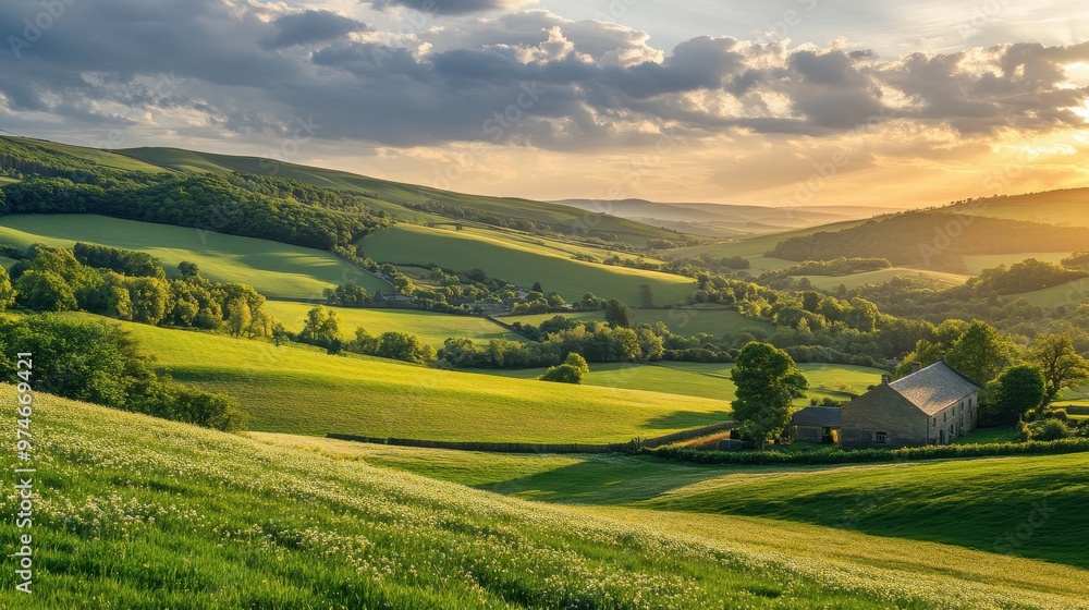 A serene landscape featuring rolling hills, lush greenery, and a rustic barn at sunset. A serene landscape featuring rolling hills, lush greenery, and a rustic barn at sunset.
