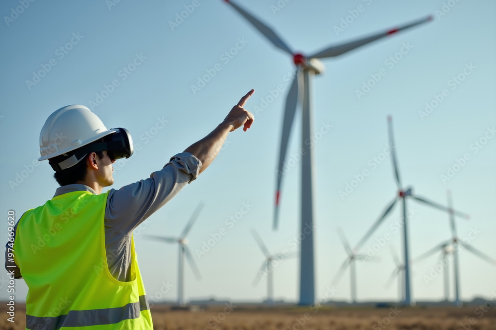 construction worker with outfit wearing VR headset with wind turbine in background, generative AI construction worker with outfit wearing VR headset with wind turbine in background, generative AI
