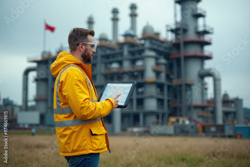 construction worker with outfit holding smart mobile tablet with factory building in background, generative AI