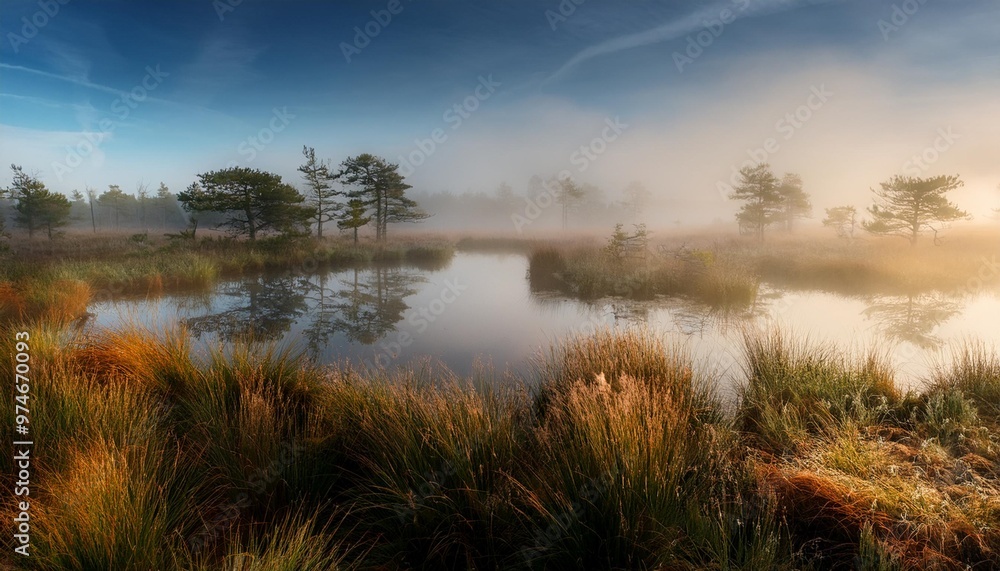 Foggy Morning Over Serene Marshlands, Reflecting the Mystique of Nature Foggy Morning Over Serene Marshlands, Reflecting the Mystique of Nature
