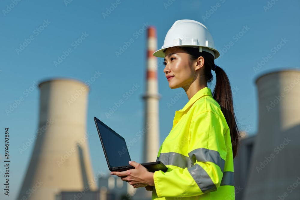 Obraz premium construction worker with outfit holding smart mobile tablet with factory building in background, generative AI