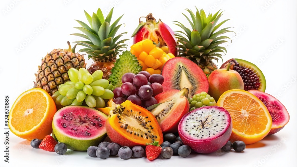 Vibrant arrangement of exotic fruits including dragon fruit, kiwi, papaya, mango, pineapple, strawberries, grapes, and bananas against a clean white background. Vibrant arrangement of exotic fruits including dragon fruit, kiwi, papaya, mango, pineapple, strawberries, grapes, and bananas against a clean white background.