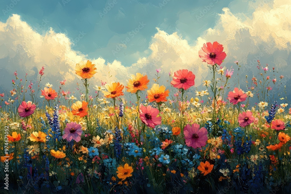 Fototapeta premium impressionist wildflower meadow vibrant digital oil painting capturing the lush beauty of a summer field bursting with colorful blooms and dancing light
