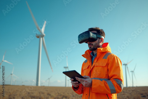 construction worker with outfit wearing VR headset with wind turbine in background, generative AI