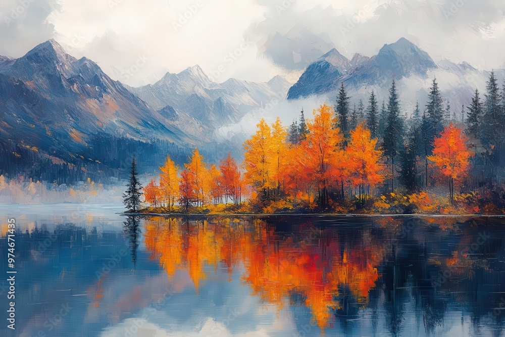 impressionistic autumn landscape painting vibrant fall colors reflected in a serene lake misty mountains in background textured brush strokes capturing the essence of the season impressionistic autumn landscape painting vibrant fall colors reflected in a serene lake misty mountains in background textured brush strokes capturing the essence of the season