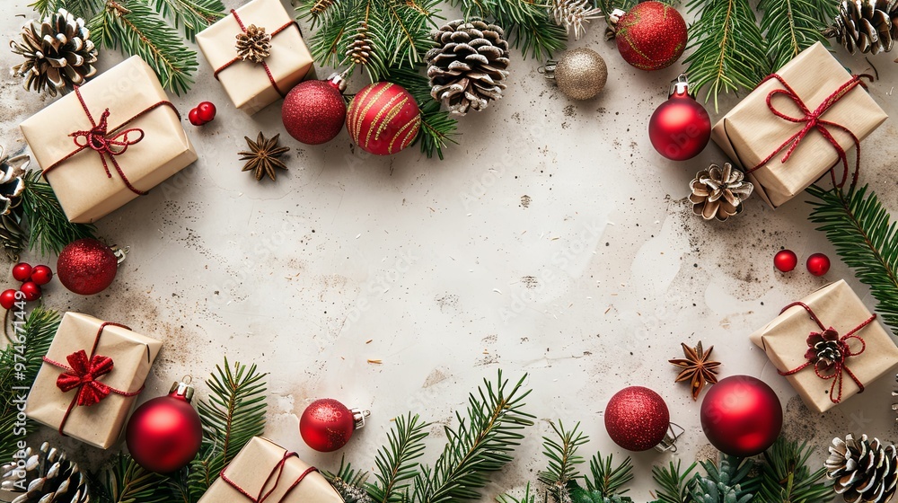 Festive Christmas Decorations with Wrapped Gifts and Ornaments Festive Christmas Decorations with Wrapped Gifts and Ornaments