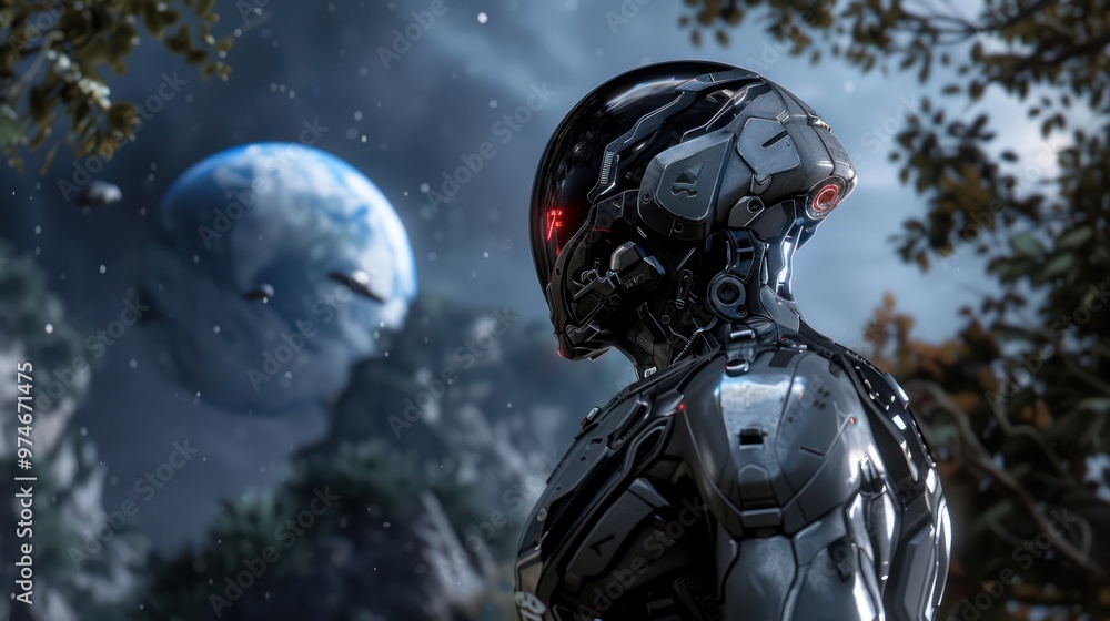 Fototapeta premium Cyberpunk Robot Looking at Earth from Space