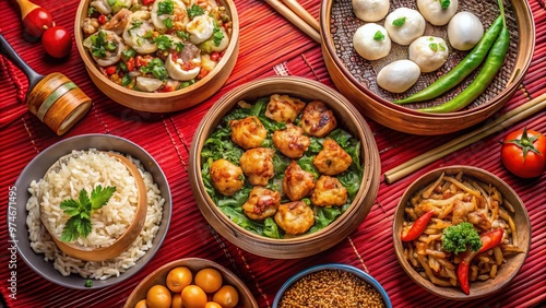 Vibrant arrangement of popular Chinese dishes including steaming dumplings, savory Kung Pao chicken, fragrant egg fried rice, and crispy vegetables on a traditional red tablecloth.