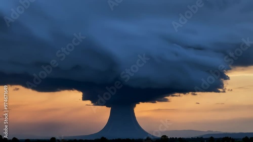 A panoramic footage showcasing an ominous supercell storm with stunning cloud formations. A stunning supercell storm looms on the horizon, its towering clouds creating an awe-inspiring and ominous photo