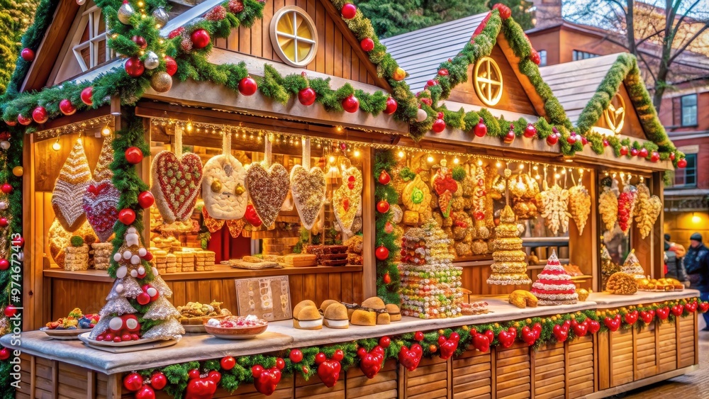 Gingerbread stall with festive decorations at a Christmas market , Christmas, holiday, winter, gingerbread cookies Gingerbread stall with festive decorations at a Christmas market , Christmas, holiday, winter, gingerbread cookies