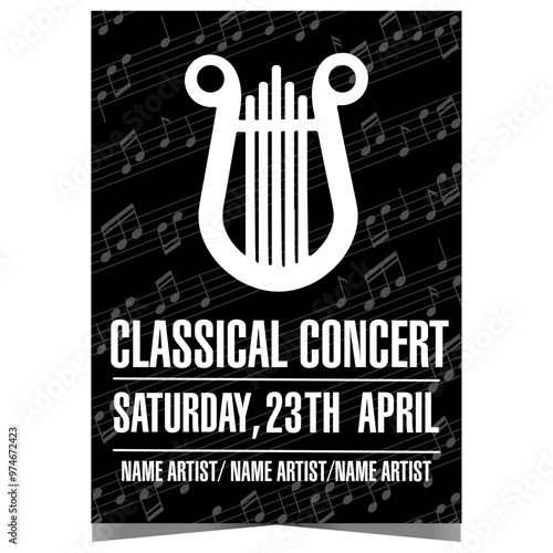 Classical music concert poster or banner with elegant harp on black background of musical notes. Invitation leaflet, flyer or handout for live instrumental event and artistic performance.