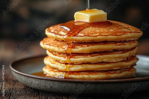 Wallpaper Mural indulgent breakfast still life towering stack of golden pancakes on elegant plate syrup drizzling down sides pat of melting butter on top set against rustic wooden table Torontodigital.ca