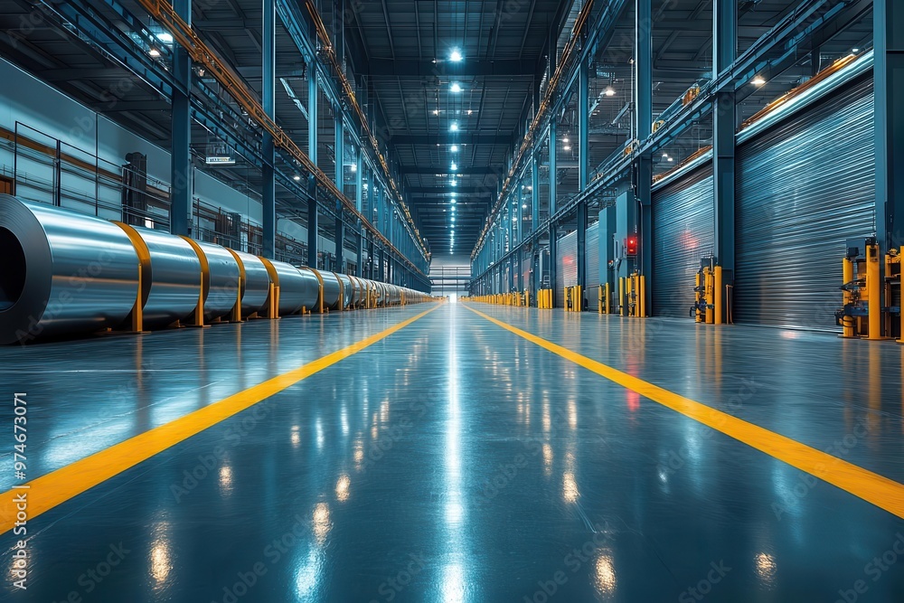 industrial warehouse interior rows of shiny galvanized steel rolls cool metallic tones stark lighting geometric patterns industrial machinery industrial warehouse interior rows of shiny galvanized steel rolls cool metallic tones stark lighting geometric patterns industrial machinery
