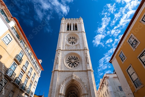 The towering Lisbon Cathedral, with its imposing Romanesque architecture framed by narrow streets photo