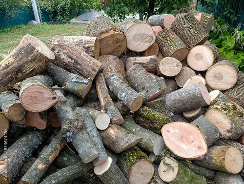 A pile of wood sitting on top of a pile of logs photo