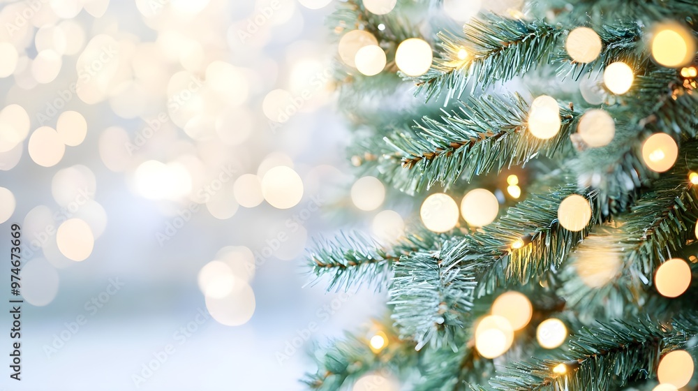 Festive Christmas Tree Branch with Lights and Bokeh Festive Christmas Tree Branch with Lights and Bokeh