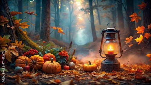 Vibrant autumn leaves surround a spooky lantern, cauldron, and pumpkins amidst a misty forest, evoking a mystical and eerie atmosphere perfect for fall Halloween scenes. photo