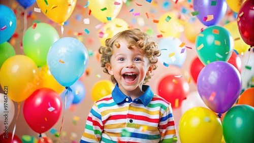 Vibrant balloons, colorful confetti, and a beaming smile adorn a joyful birthday boy's celebration, capturing the magic of turning another year older in a cheerful setting. photo