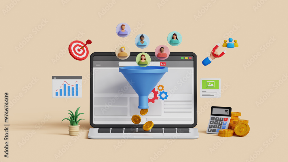 Lead generation. CRO, conversion rate optimization concept. customer retention. Inbound marketing strategy. Audience outreach. 3D laptop with marketing funnel and lead generation icons Lead generation. CRO, conversion rate optimization concept. customer retention. Inbound marketing strategy. Audience outreach. 3D laptop with marketing funnel and lead generation icons