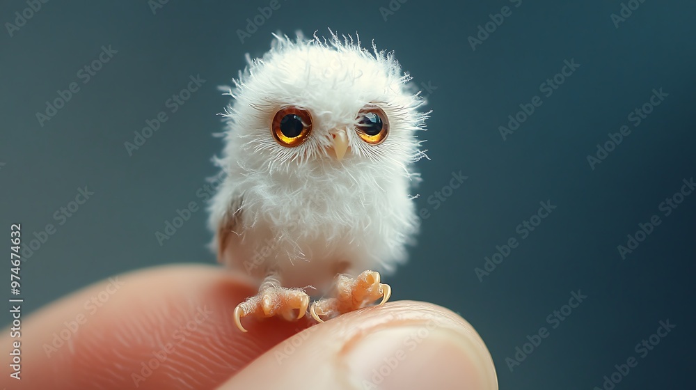Tiny White Owl with Golden Eyes Perched on a Fingertip - Detailed and Realistic Wildlife Close-up Tiny White Owl with Golden Eyes Perched on a Fingertip - Detailed and Realistic Wildlife Close-up