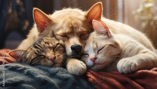 A Dog and a Cat Sleeping Hugging Each Other