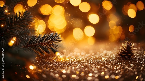 Wallpaper Mural Festive Golden Bokeh Background with Pine Branch and Cone Torontodigital.ca