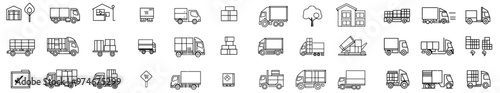 This icon set contains cargo, trailers, delivery vans, containers, depots, and other icons related to truck logistics.